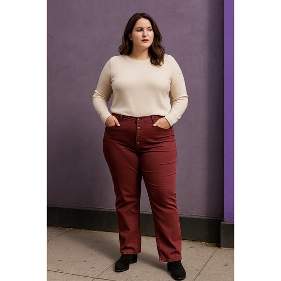 H&M LOGG Red Button Fly Straight Leg Jeans Sz 18/32 100% Cotton Burgundy - Picture 2 of 9